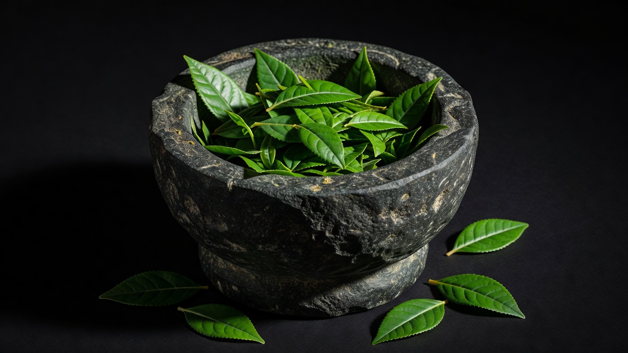 Green tea leaves and a stone mortar photographed against a dark background