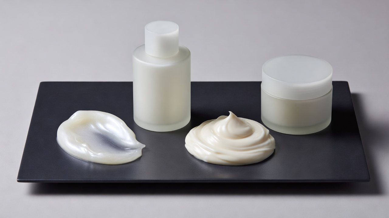 Shampoo gel and conditioner cream textures beside plain haircare containers on a dark tray