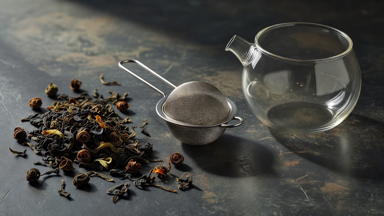 Loose tea, a fine mesh strainer and a glass vessel on a dark preparation surface