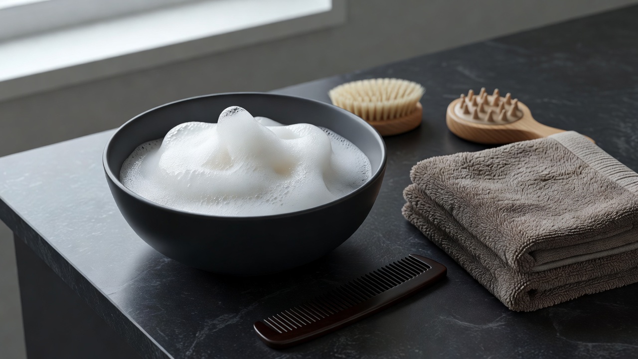 Gentle shampoo lather in a dark bowl beside a comb and folded towel